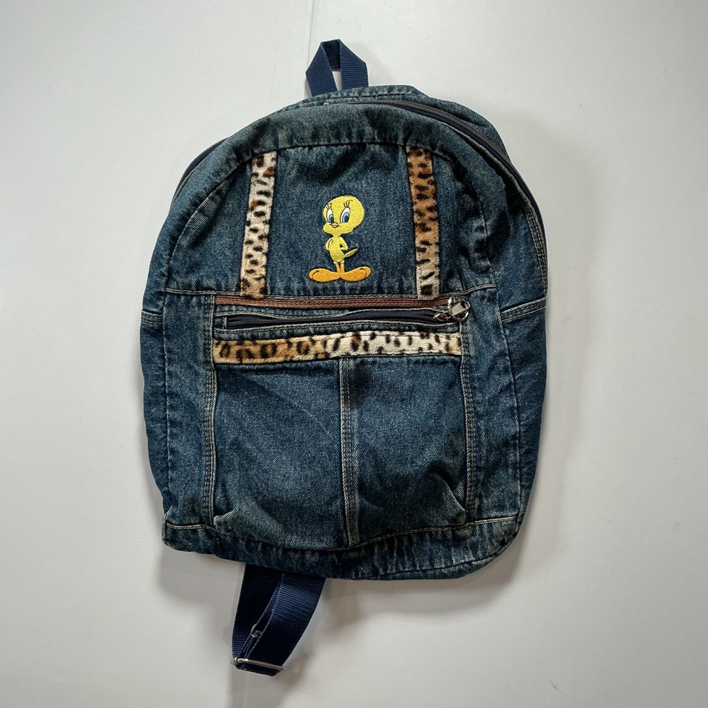 VTG 90s Jaclyn Tweety Bird Denim Backpack OS Leopard Print Trim Y2K Streetwear